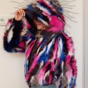 Dolls Kill Multi-color Fur Jacket W/ Hood -Small